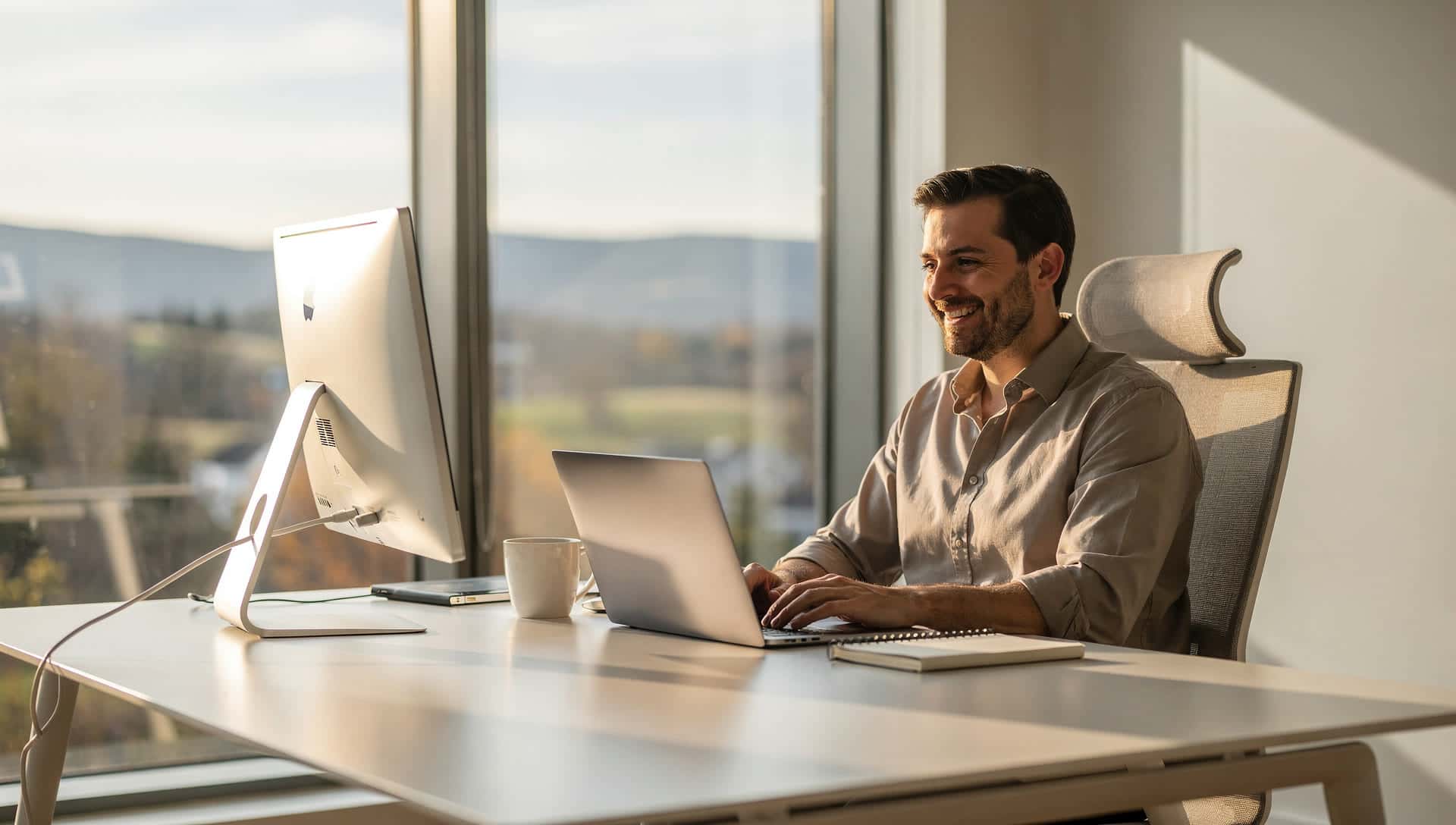 A merchant services consultant at a desk in a bright modern Merrimack Valley office