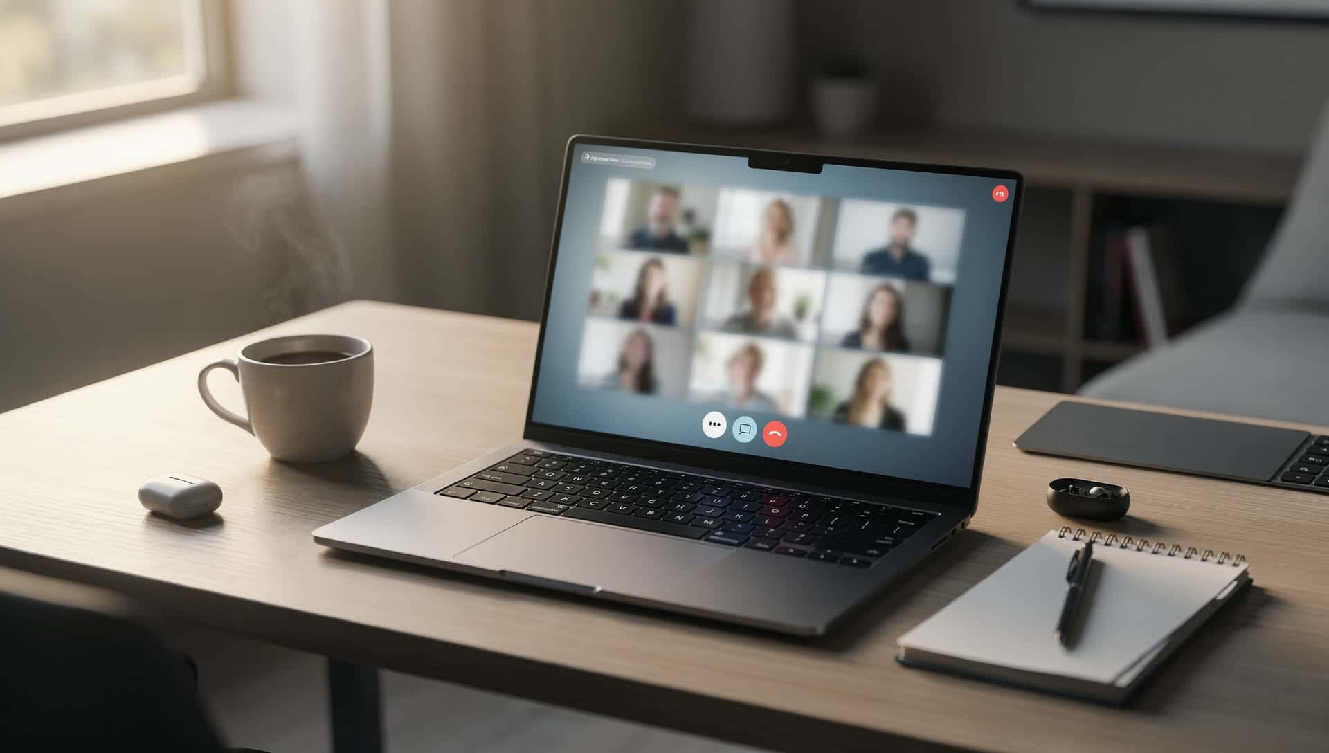 An open laptop showing a video call ready to start a statement review