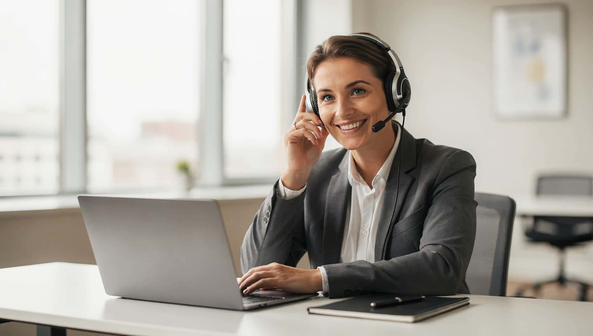 A friendly consultant taking a call at a clean modern desk