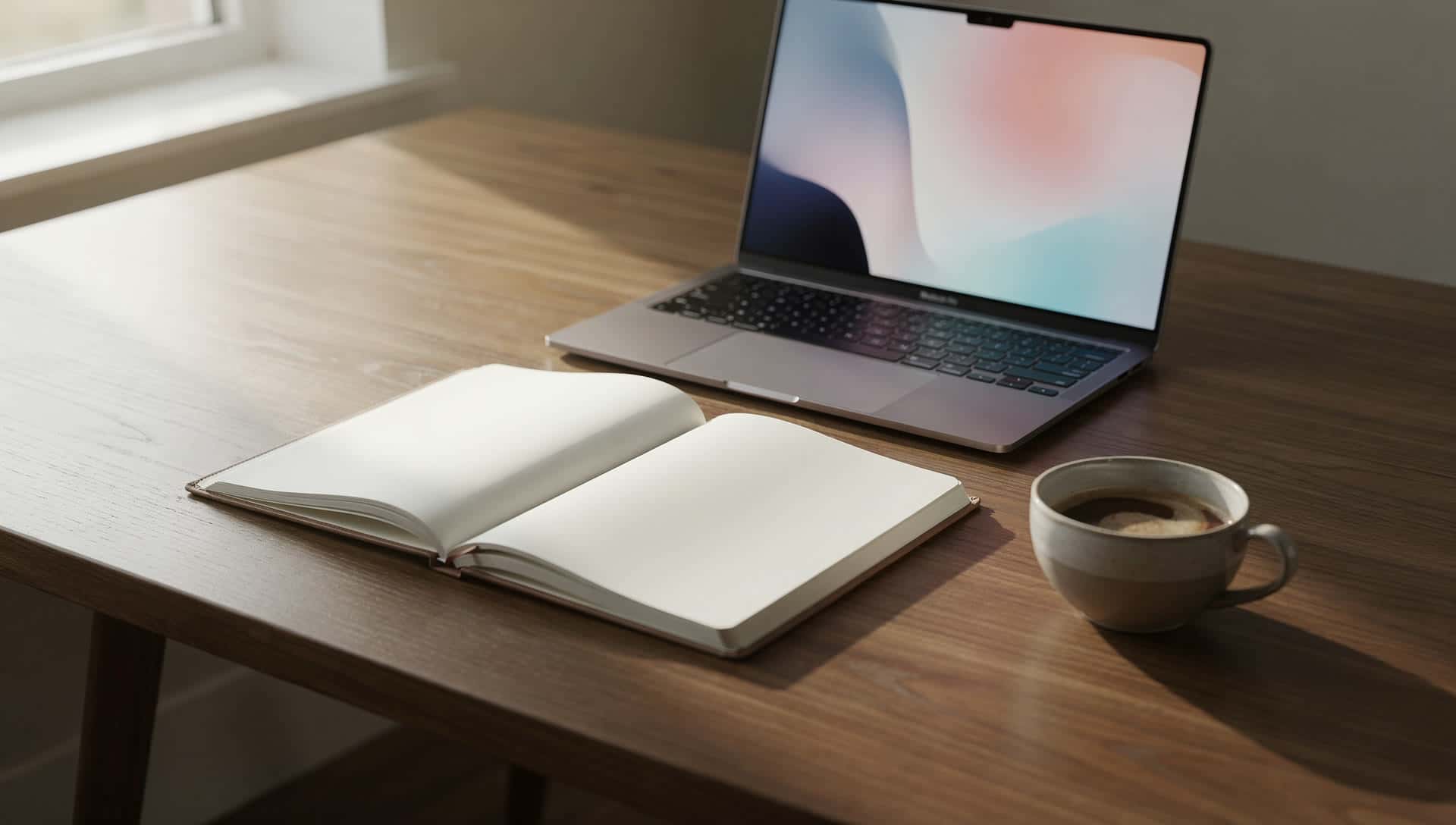An open notebook and laptop with a cup of coffee on a modern desk