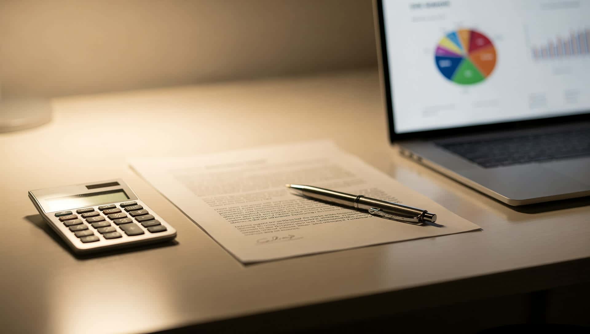 A clean desk with a calculator, statement, and laptop showing a rate breakdown