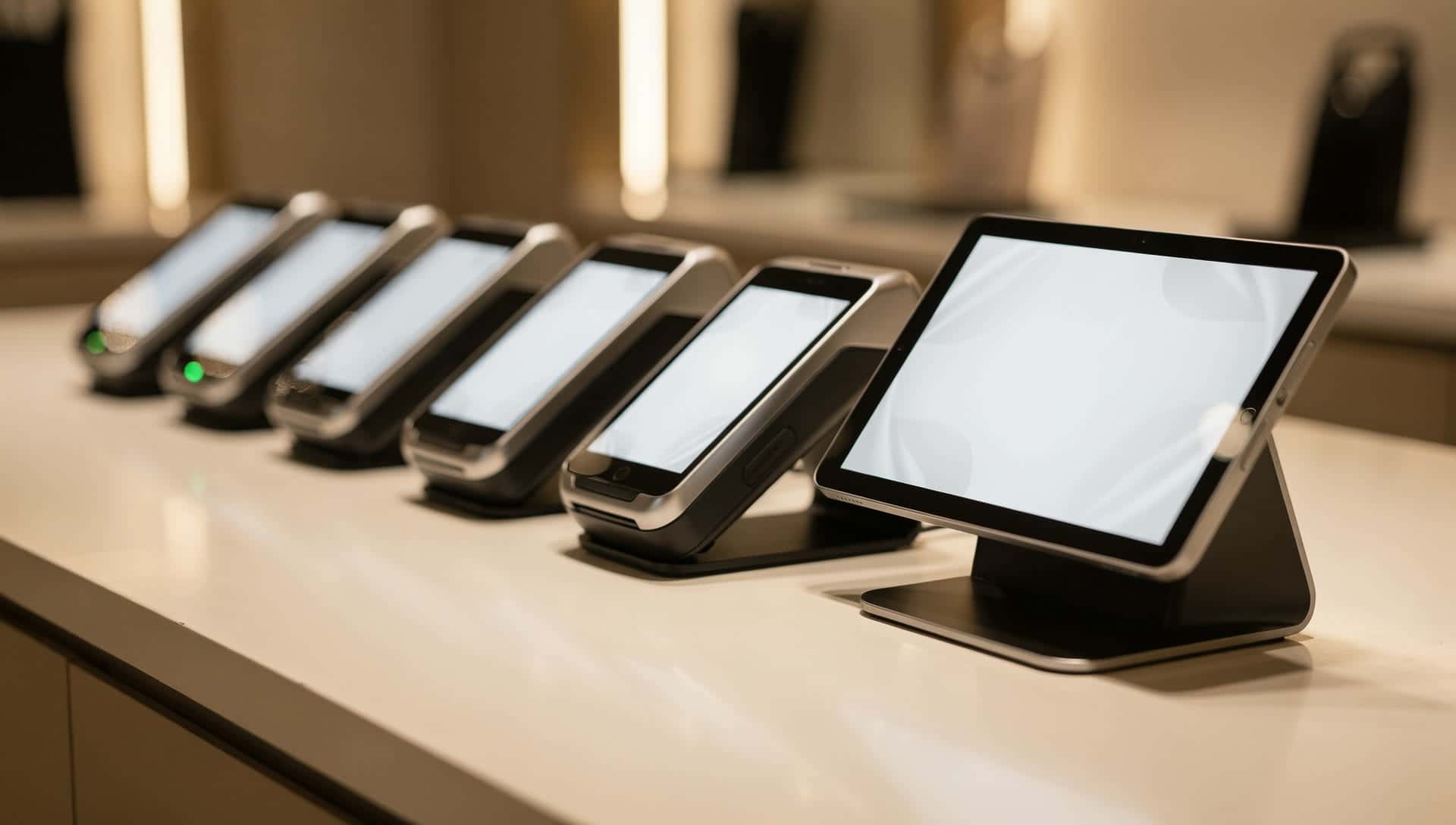 A row of modern payment terminals and point-of-sale hardware in warm light