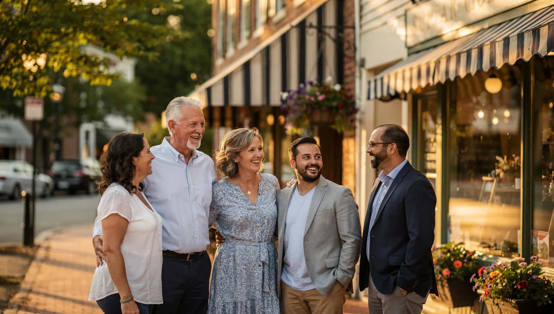 A group of small-business owners chatting outside their storefronts