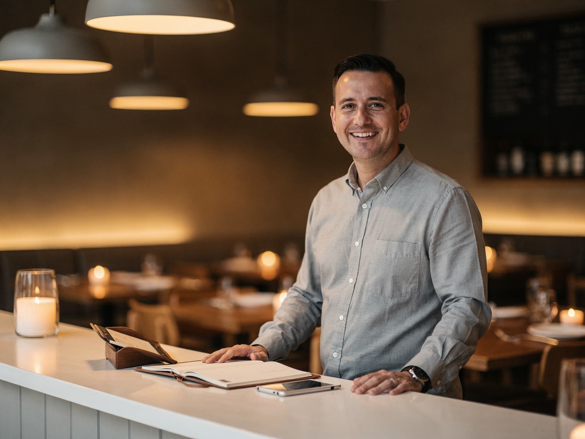 A confident restaurant owner at the host stand of a modern eatery