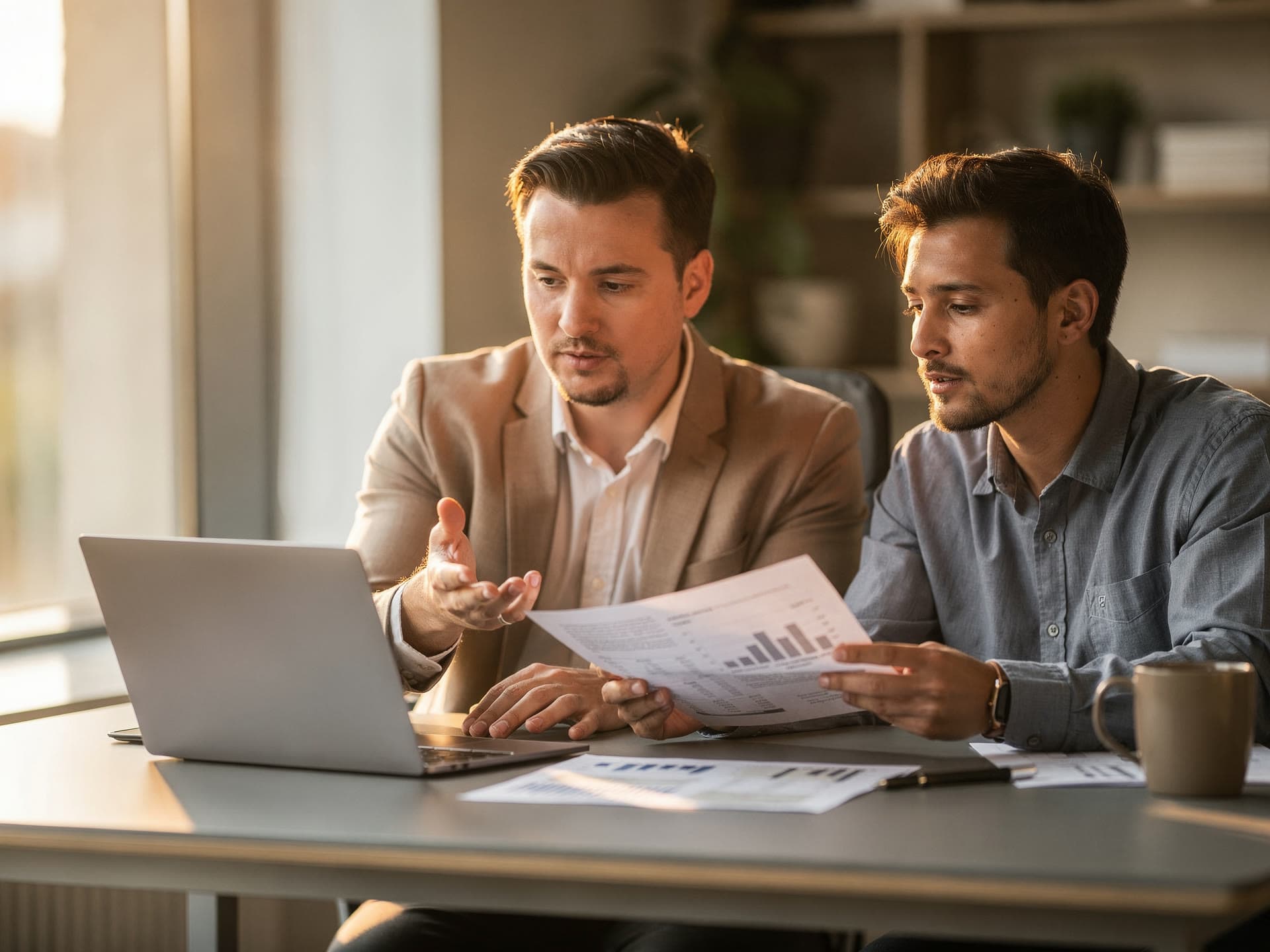 A consultant and a shop owner reviewing a processing statement together on a laptop in a warm office