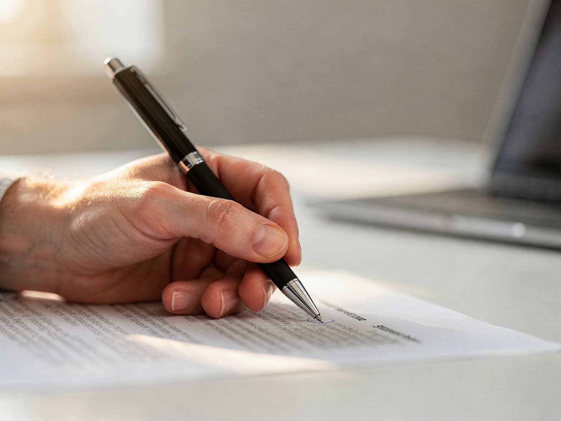 A hand pointing to a line on a printed processing statement beside a laptop