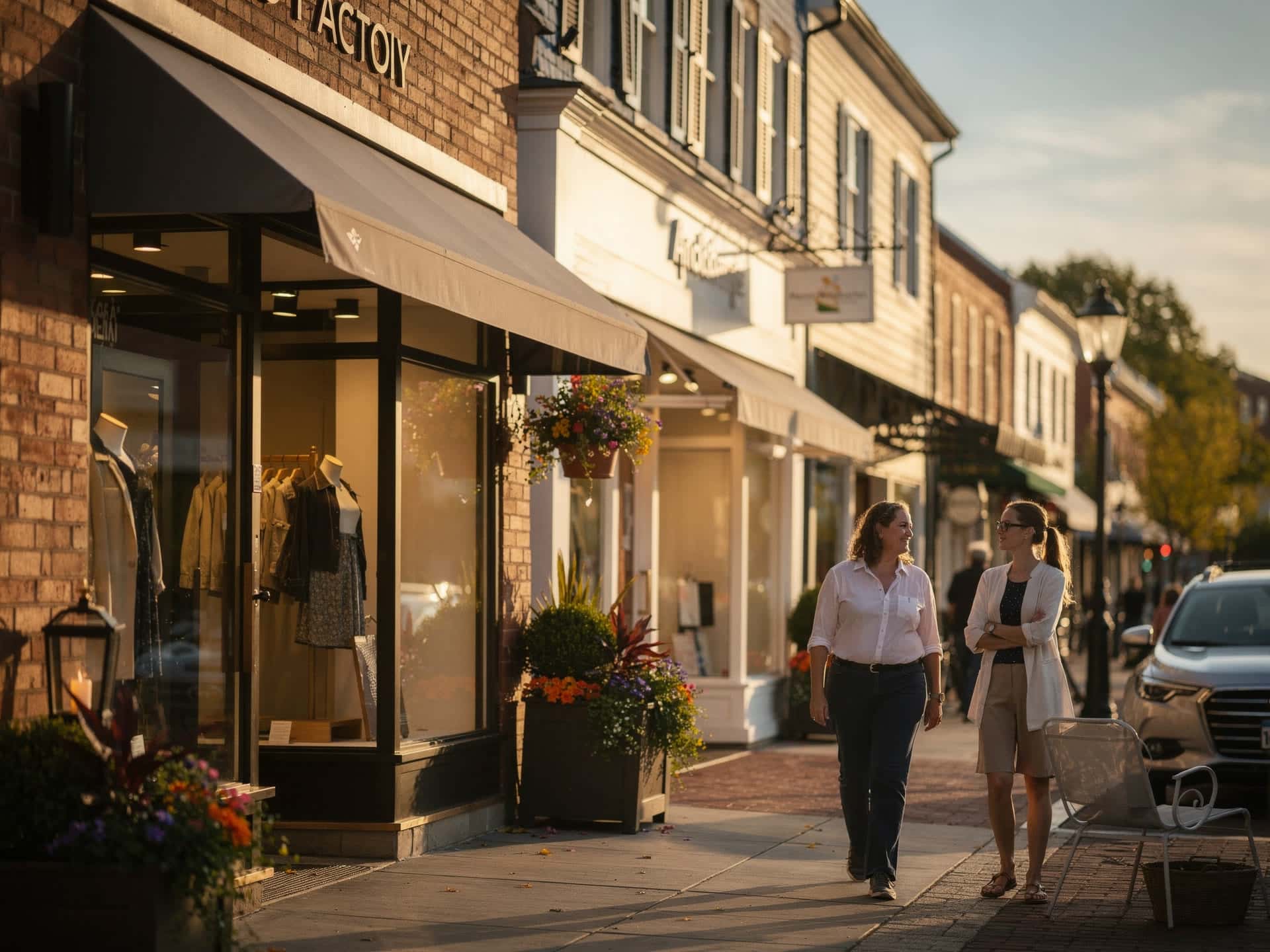 Upscale Main Street boutiques in Andover Massachusetts on a clear day