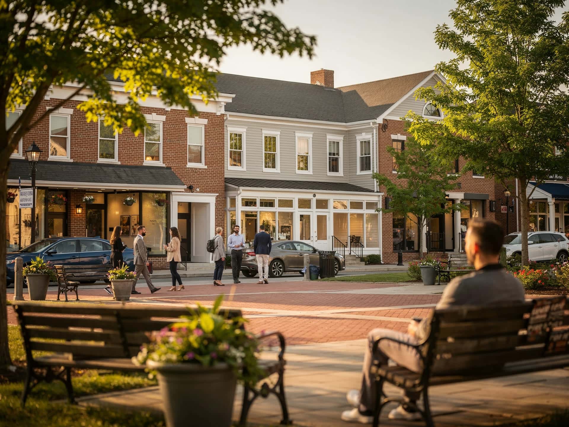 A tidy New England town square with professional offices in Chelmsford Massachusetts