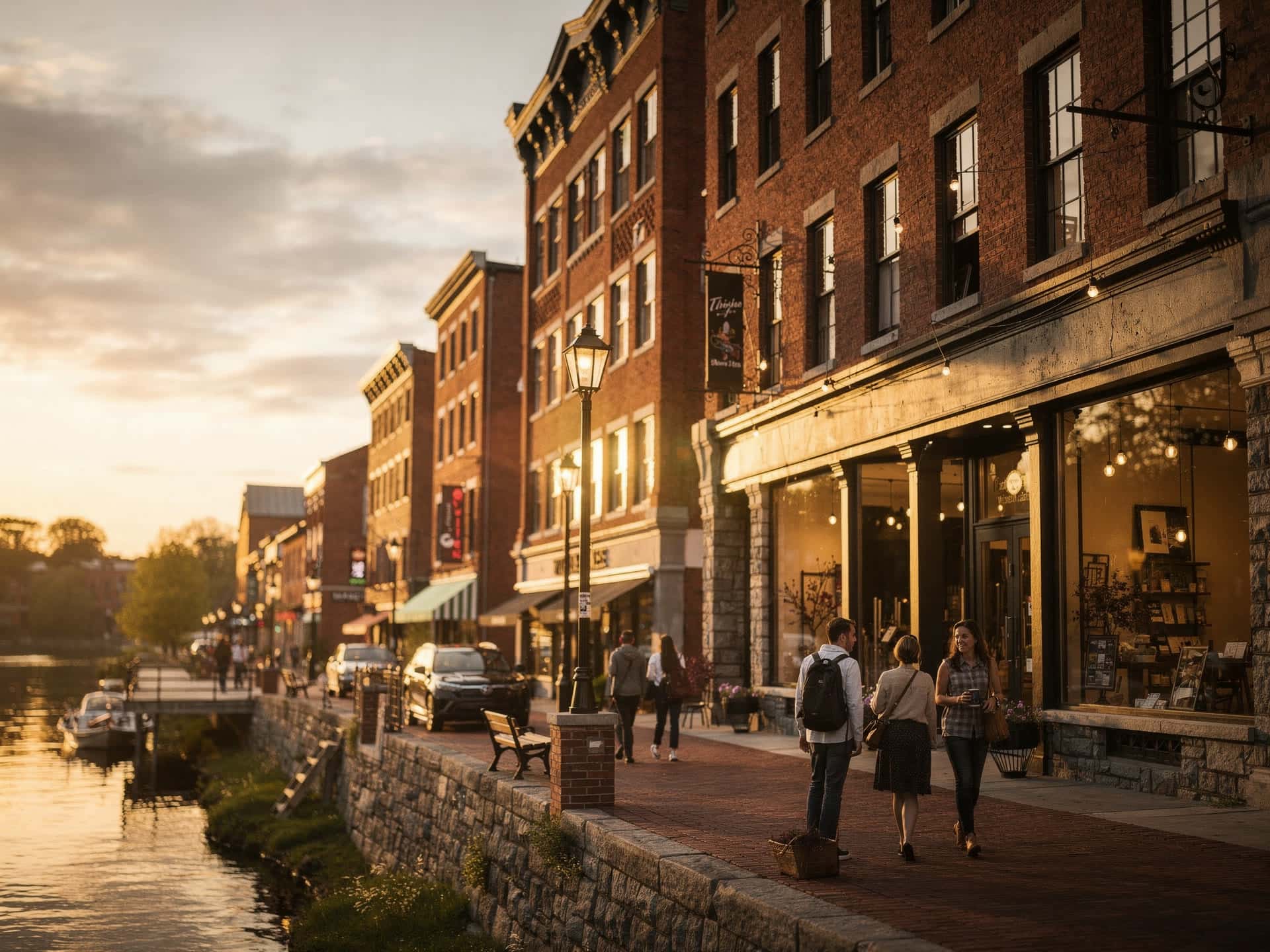 Revitalized brick storefronts along the Merrimack River in downtown Haverhill