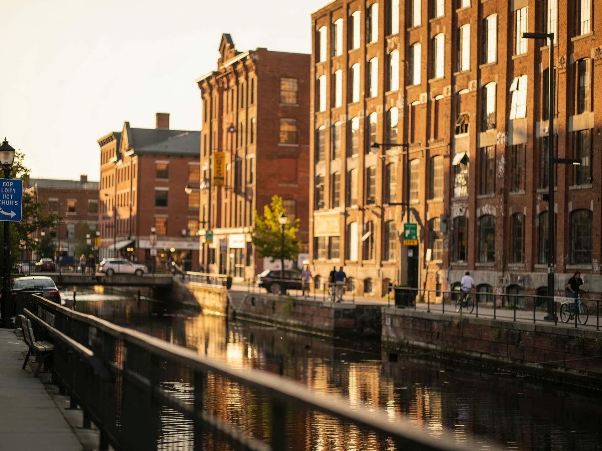 Historic red-brick mill buildings and canals in downtown Lowell Massachusetts