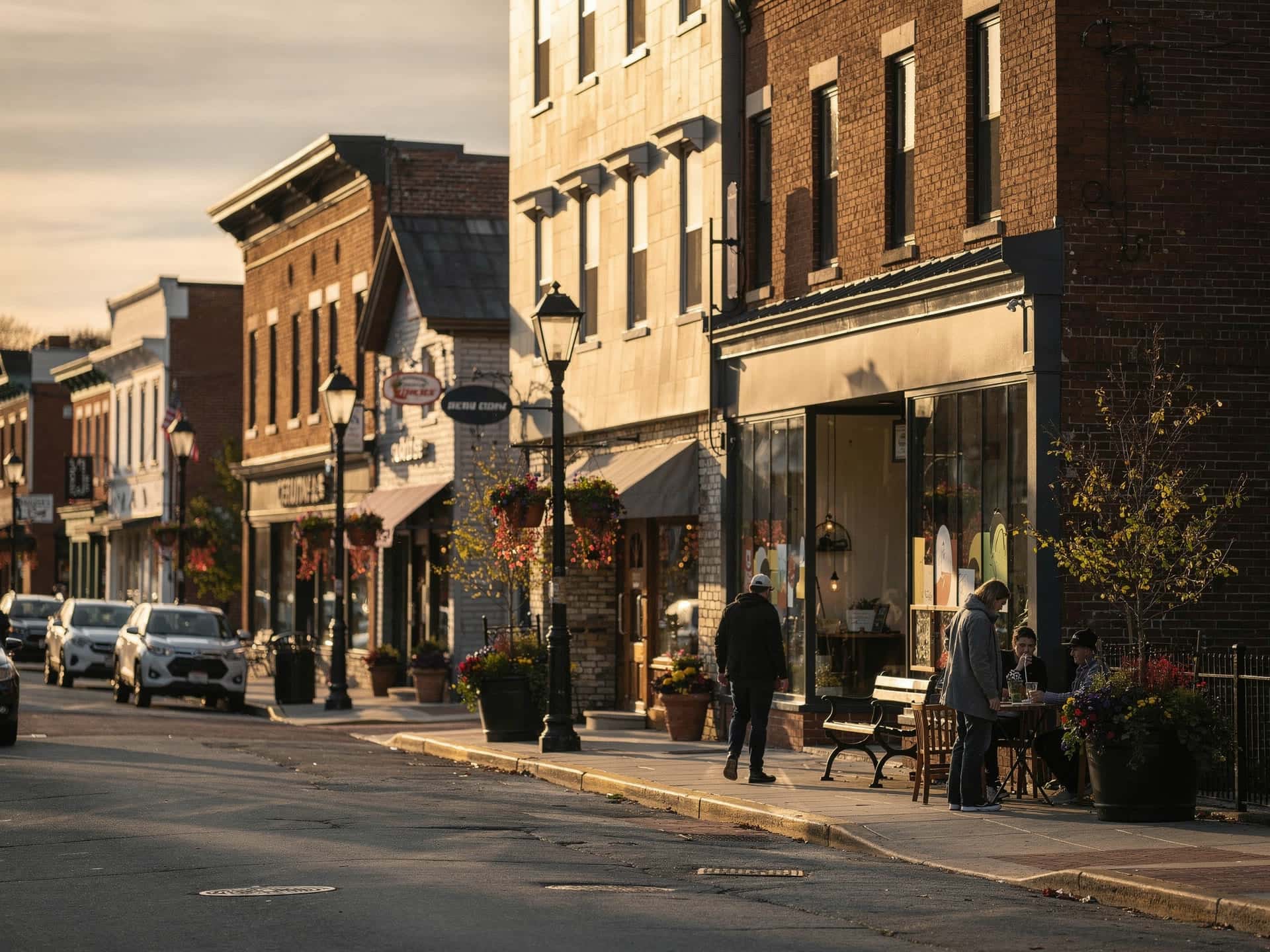 Downtown Methuen Massachusetts storefronts along Broadway in warm afternoon light