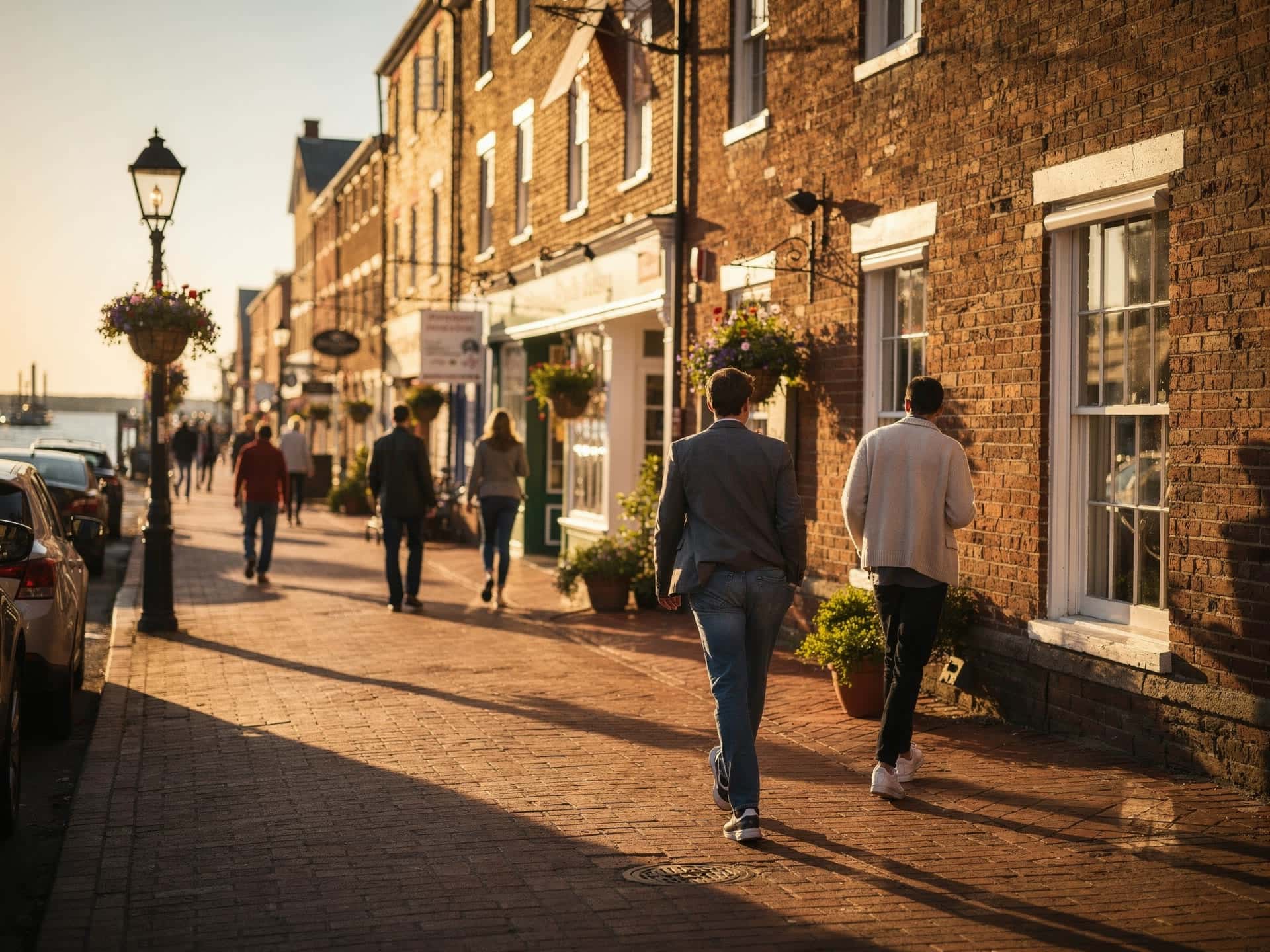 Historic waterfront shops and brick sidewalks in downtown Newburyport Massachusetts