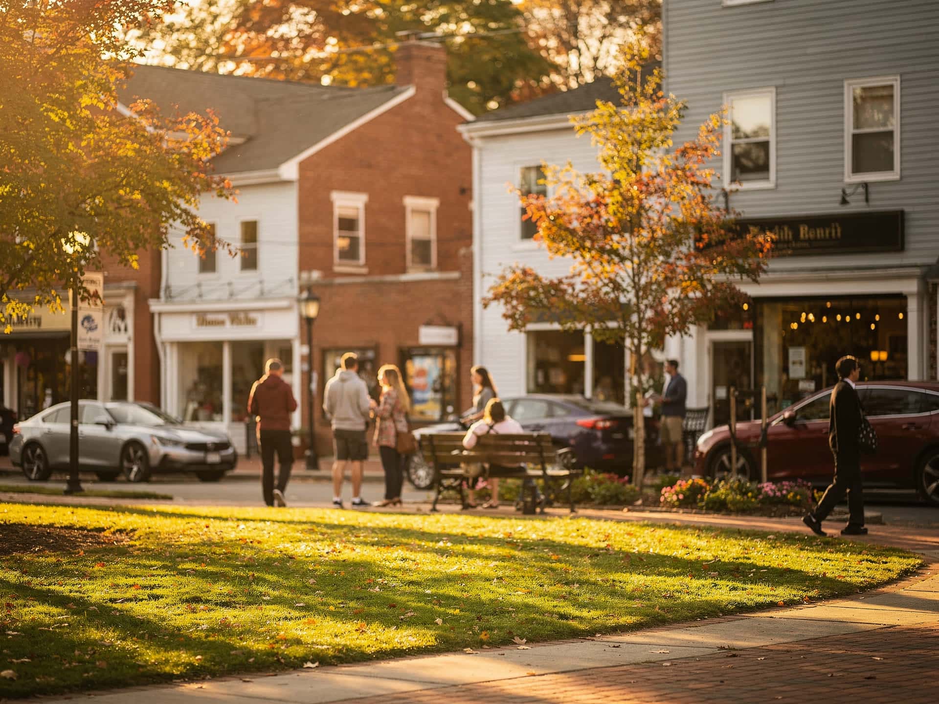 The historic town common and shops in North Andover Massachusetts