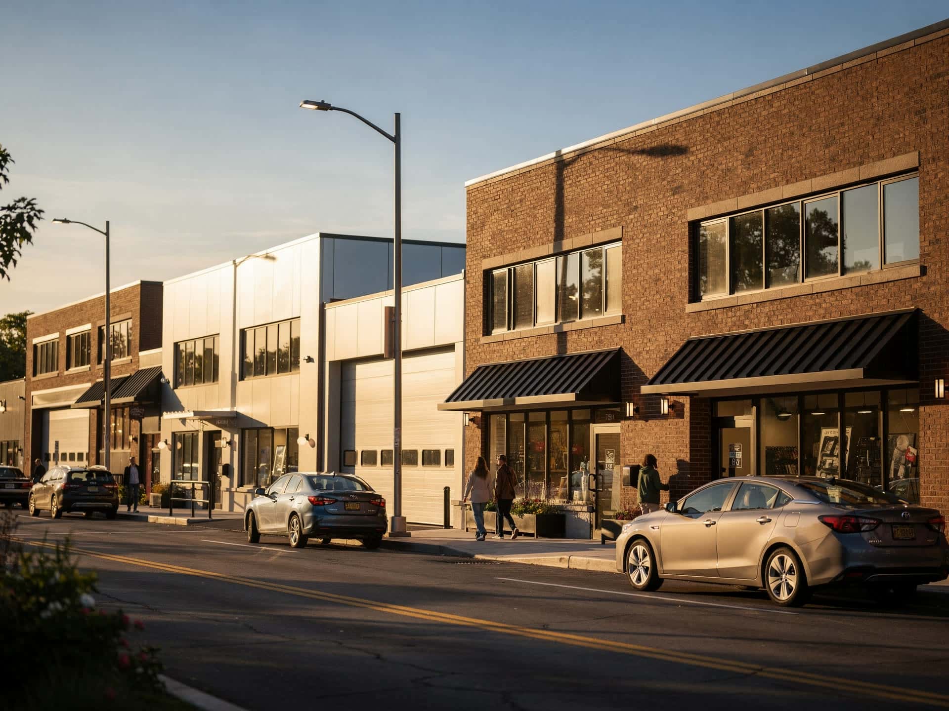 A light-industrial and retail block in Wilmington Massachusetts under clear skies