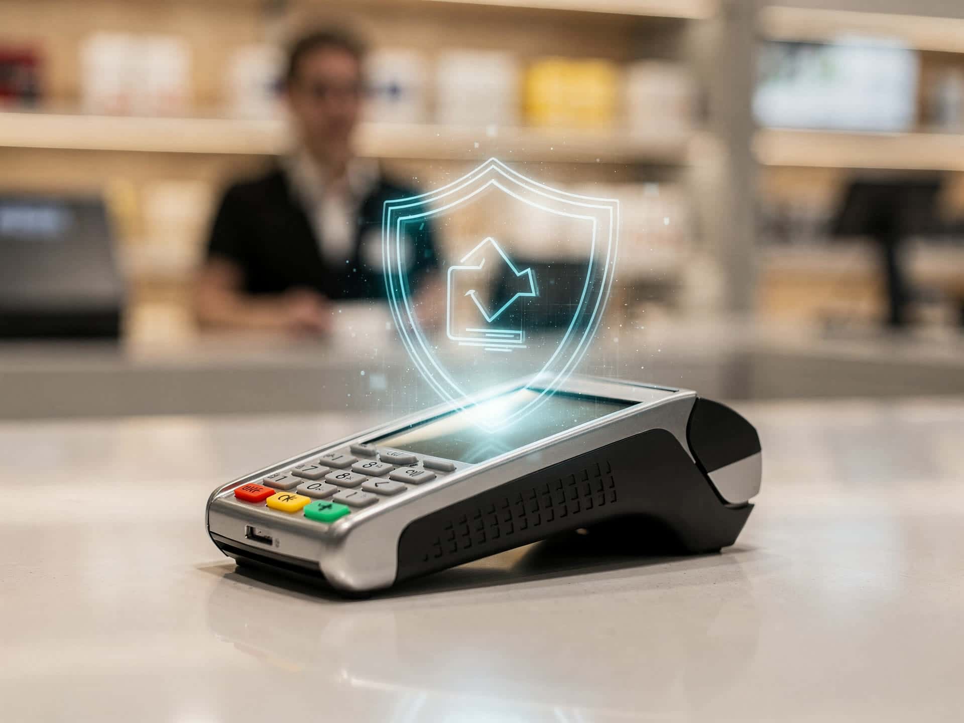 A secure payment shield concept over a modern retail checkout scene