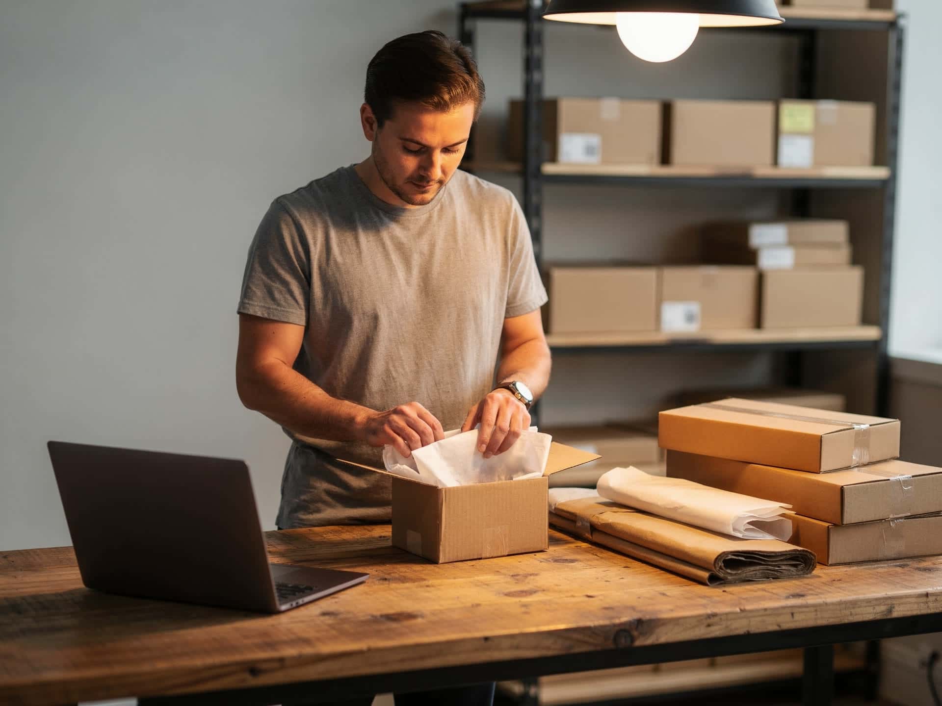 A specialty online business owner packing orders in a modern fulfillment space